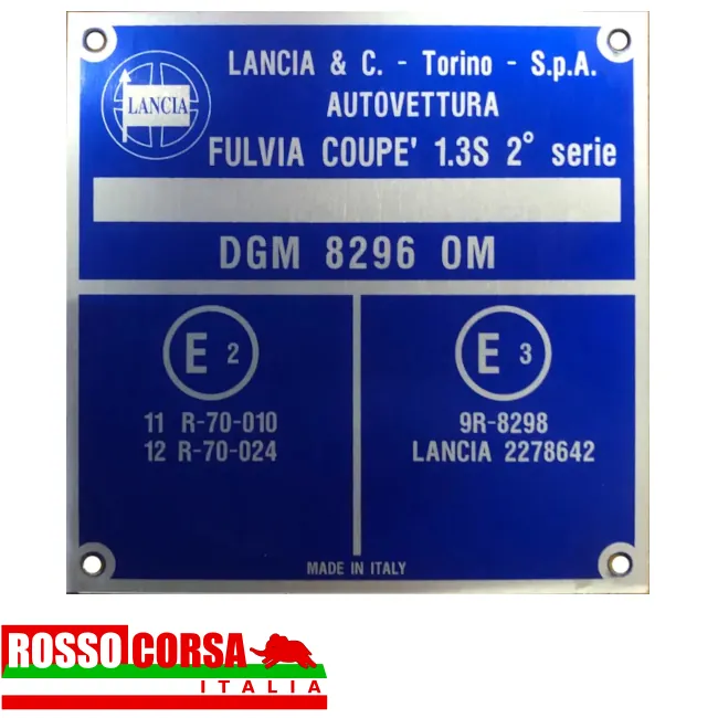 LANCIA-FULVIA-IDENTIFICATION-PLATE-ENGINE-BAY-COUPE-13S-2SERIE Aluminum identification plate for engine bay for Lancia Fulvia Coupè 1.3 S 2nd series 2 (818.630 – DGM 8296)