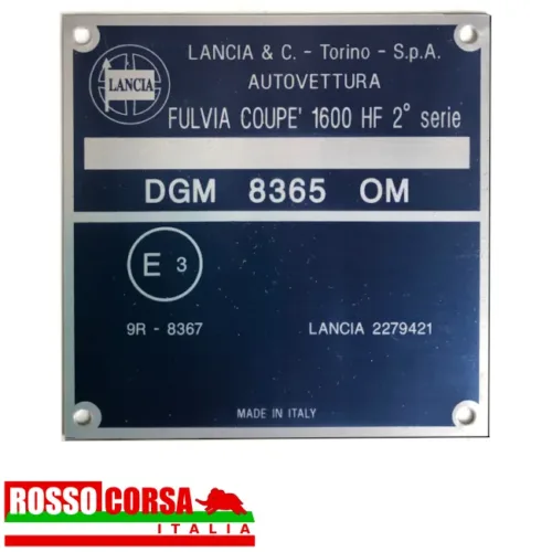 Targhetta alluminio identificativa nel vano motore per Lancia Fulvia Coupè 1.6 HF 2°serie (818.740)