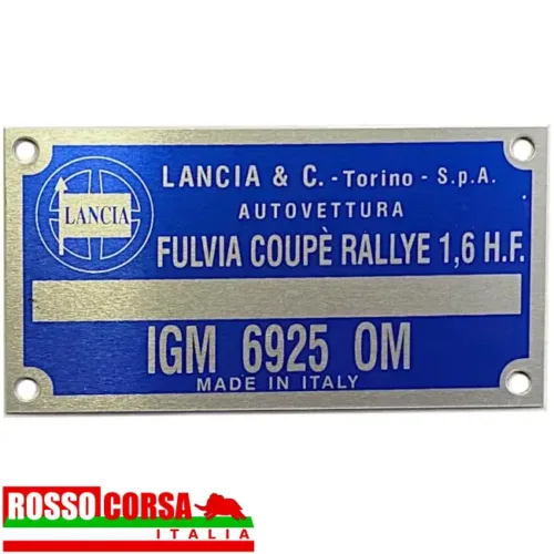 Targhetta alluminio identificativa nel vano motore per Lancia Fulvia Coupè Rallye 1.6 HF 1°serie (818.540 – IGM 6925)