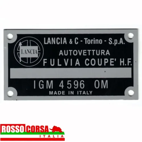 Aluminum identification plate for engine bay for Lancia Fulvia Coupè 1.2 HF (engine 818.140 – IGM 4596)