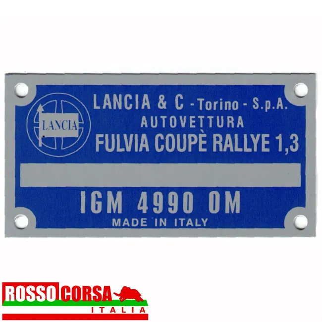 lancia-fulvia-targhetta-vano-motore-coupe-13-rallye Targhetta in alluminio identificativa nel vano motore per Lancia Fulvia Coupè 1.3 Rallye (motore 818.330 – IGM 4990)