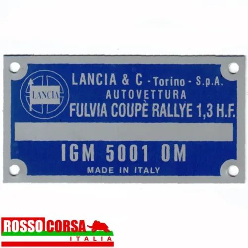 Aluminum identification plate for engine bay for Lancia Fulvia Coupè 1.3 Rallye HF (engine 818.340 – IGM 5001)