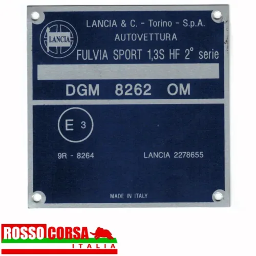 Aluminum identification plate for engine bay for Lancia Fulvia Sport 1.3 S HF 2nd series (engine 818.650 – DGM 8262)