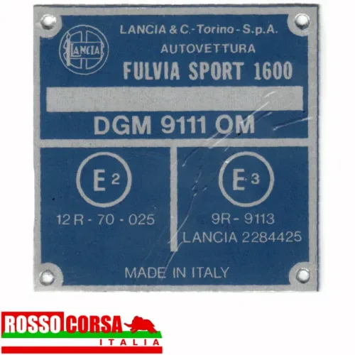 Aluminum identification plate for engine bay for Lancia Fulvia Sport 1600 (engine 818.750 – DGM 9111)