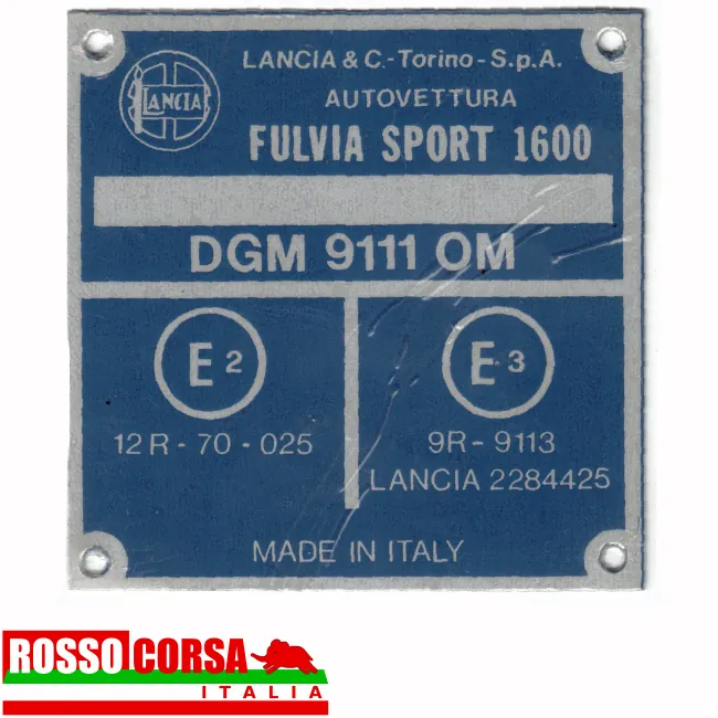 lancia-fulvia-identification-plate-engine-bay-sport-1600 Aluminum identification plate for engine bay for Lancia Fulvia Sport 1600 (engine 818.750 – DGM 9111)