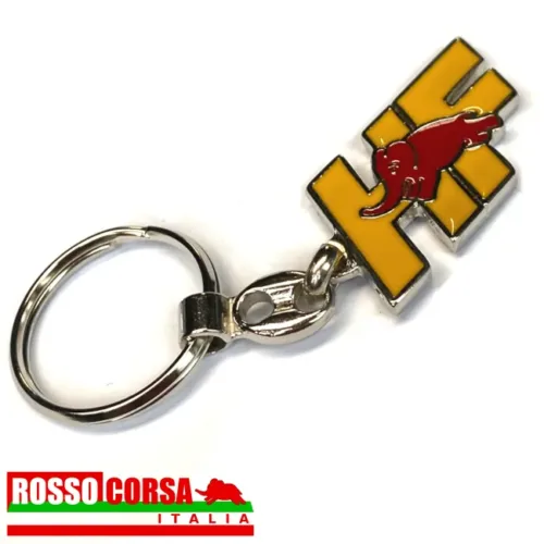 Keychain with HF logo. The logo is made of enameled steel and is a more modern version of the HF logo, in yellow with a red elephant.