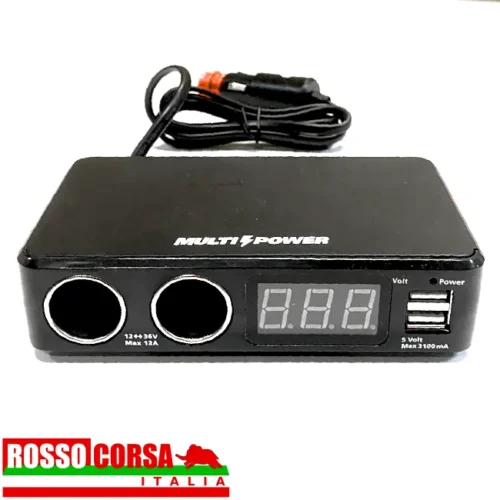 Presa multipla ricarica in abitacolo accessori elettrici 2 prese di corrente accendisigari 2 porte USB. Voltmetro digitale decimale monitoraggio stato batteria e alternatore. Cavo alimentazione 80 cm spinotto con fusibile protezione
