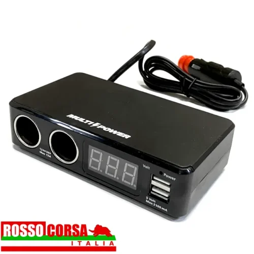 Presa multipla ricarica in abitacolo accessori elettrici 2 prese di corrente accendisigari 2 porte USB. Voltmetro digitale decimale monitoraggio stato batteria e alternatore. Cavo alimentazione 80 cm spinotto con fusibile protezione